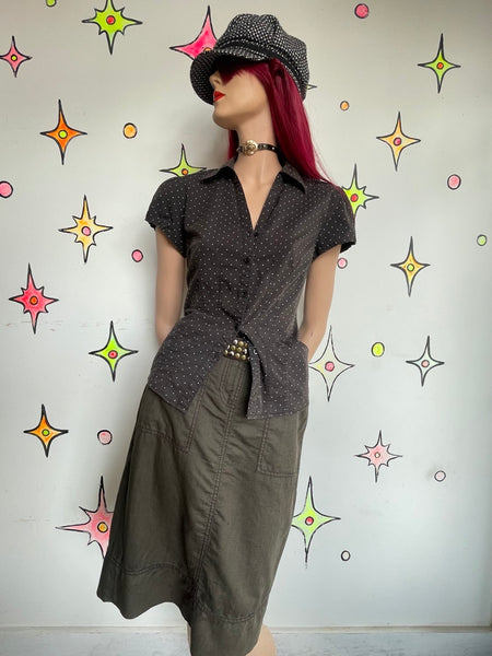 Y2K Low Rise Military Green Utility Cargo Skirt Linen Blend Emo Fairy Grunge M/L