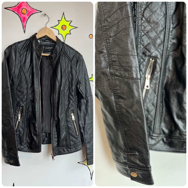 Y2K Black Vegan Leather Moto Jacket Quilted Details – Boho Grunge Indie Sleaze M
