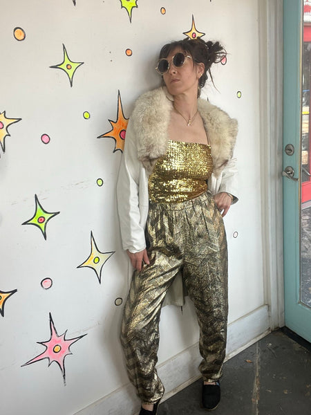 80s Gold Lamé Pants High Rise Disco Glam Studio 54 Retro Liquid Metallic M/L
