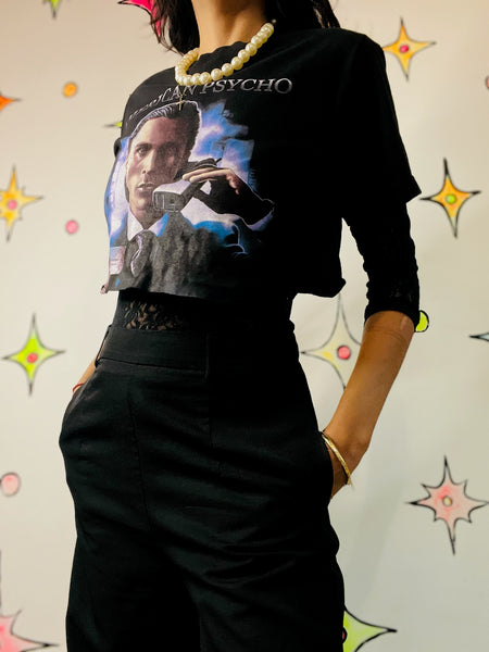 Y2K Cut Off Cropped American Psycho Graphic Tee - Cult Film Horror Shirt - Small