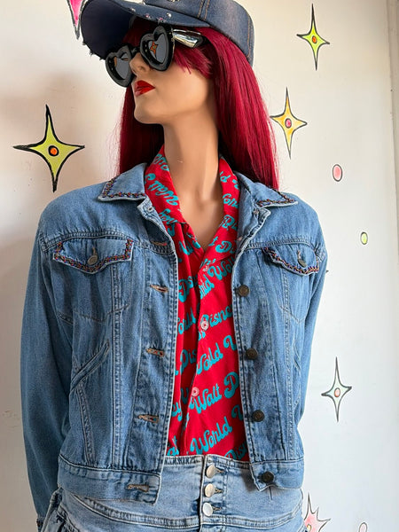 90s Embellished Beaded Denim Jean Jacket Fairy Grunge Whimsy Western S/M
