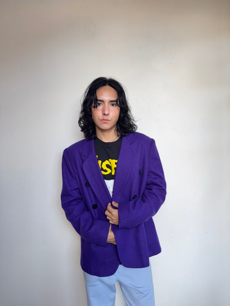 Vintage 1980s Purple Wool Blazer Retro Goth Maximalist Academia Jacket XL