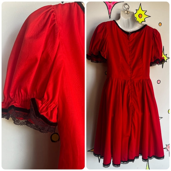 Vintage 1950s | Red Patio Dress Prairie Square Dancing Pearl Puff Sleeve | M L