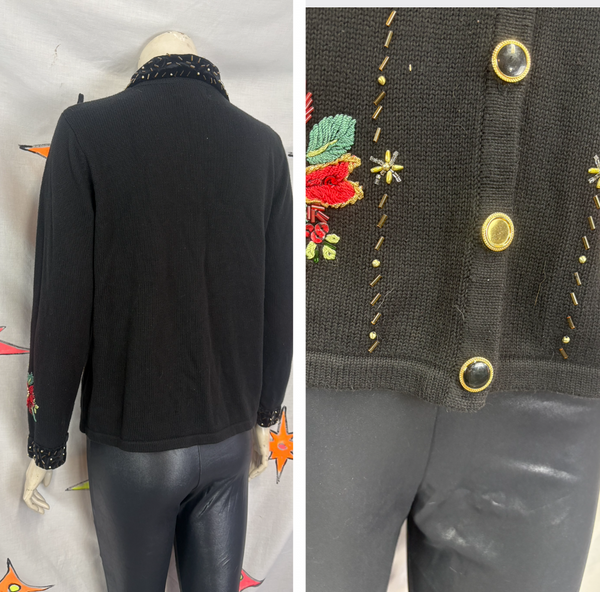Vintage 80s 90s Black Ugly Tacky Christmas Sweater Cardigan Poinsettia - M