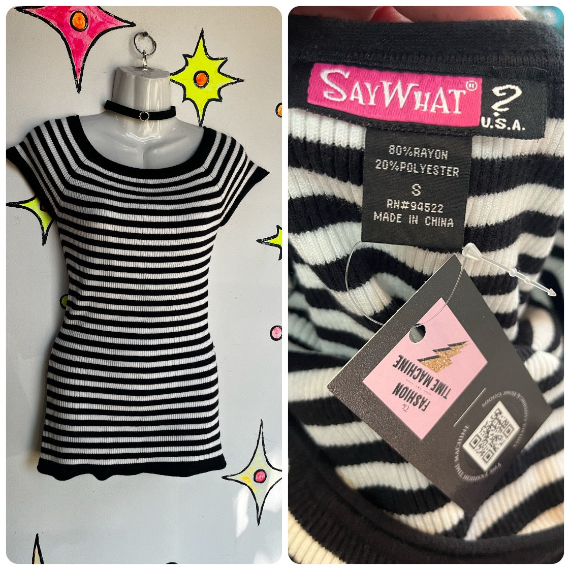 Vintage Y2K | Black and White Striped Fairy Emo Mall Goth Top Tee T Shirt | S