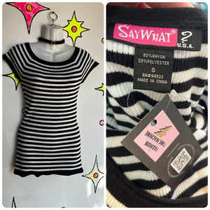 Vintage Y2K | Black and White Striped Fairy Emo Mall Goth Top Tee T Shirt | S