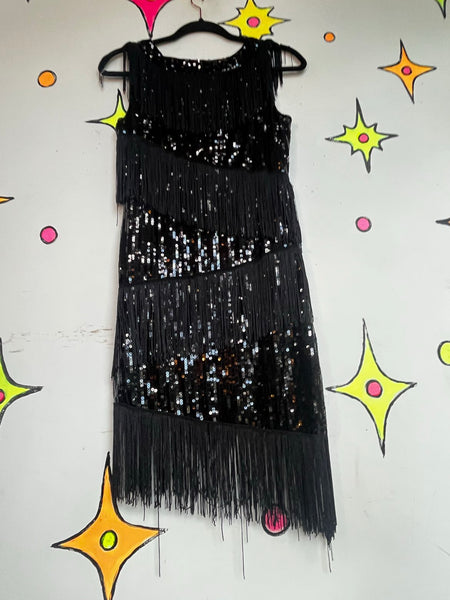 Black Sequin Fringe Flapper Dress 1920s Gatsby Party Dress Speakeasy Mini ML