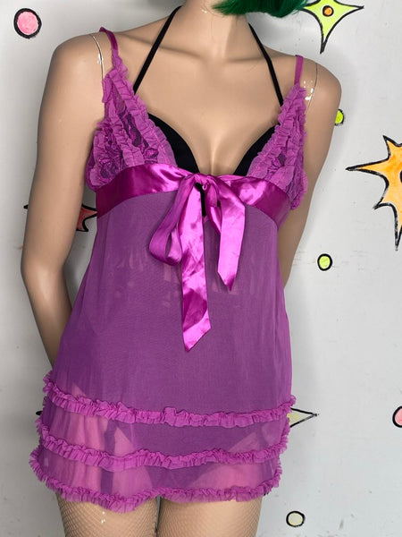 Fuchsia Pink Lace Babydoll Slip Dress Fredericks of Hollywood Y2K L