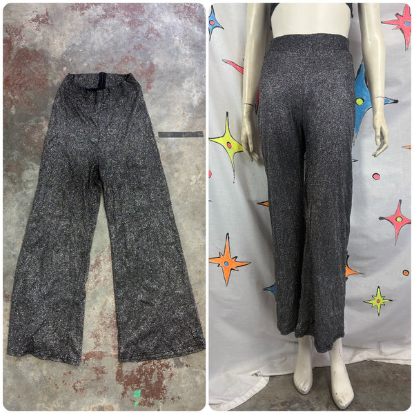 Retro 90s does 70s Silver Glitter Disco Pants High Rise Stretch Flares S