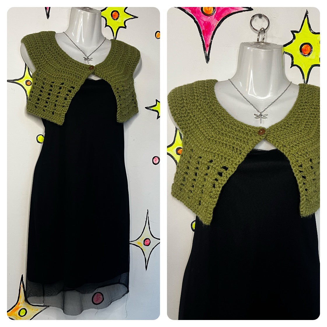 Vintage 90s Y2K | Green Crochet Fairy Grunge Bolero Vest | S