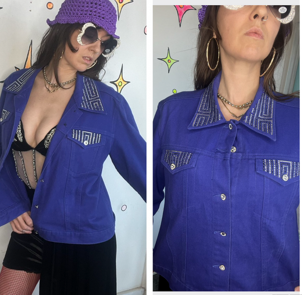 Purple Bling Denim Jacket Y2K Rhinestone Embellished Jean Jacket Maximalist L