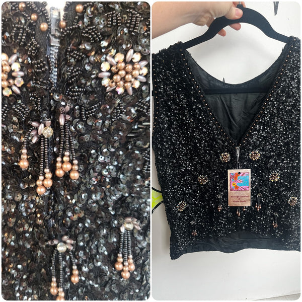 Vintage 50s 60s | Heavily Beaded Sequin Flapper Blouse Wool Black Top | M
