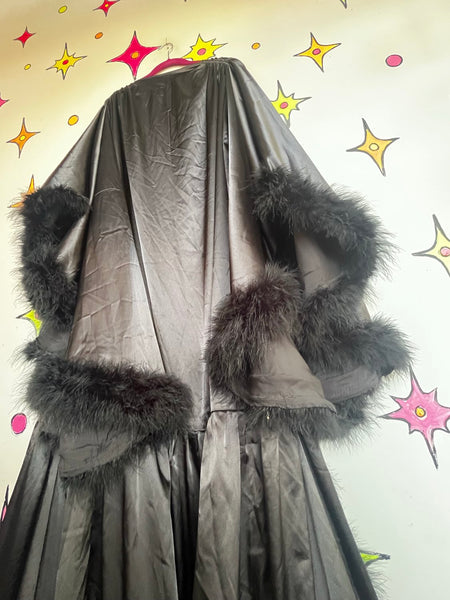 Black Feather Trim Decadent Robe Pin Up Boudoir Lingerie Old Hollywood Glam