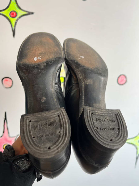 Vintage 1930s Black Leather Heeled Oxfords - Narrow Fit - Jahns Shoe Store - 8.5