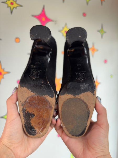 Vintage Yves Saint Laurent Black Suede Pumps 90s Victorian Heels Paris Chic 5.5