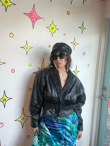 Vintage 80s Black Leather Dolman Jacket Cropped Statement Coat M