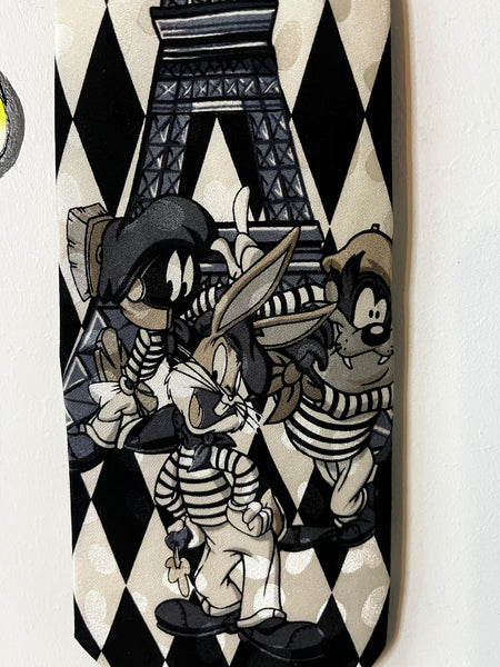 Vintage 90s Looney Tunes Paris Silk Tie – Black & White Harlequin Print Necktie