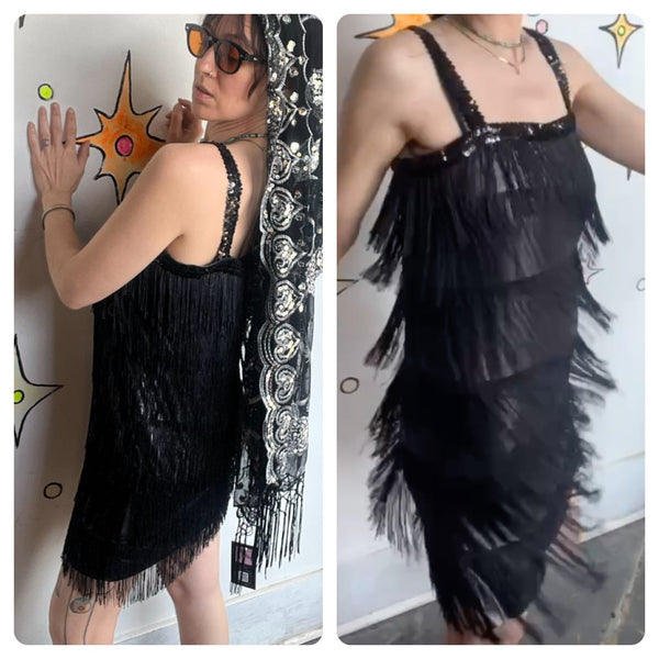 Silver & Black Sequin Fringe Flapper Dress Roaring 20s New Year's Disco Mini L