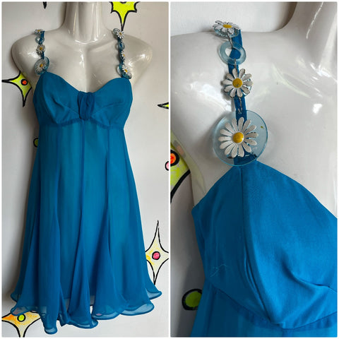 Vintage 90s does 60s | MOD GoGo Blue Sheer Formal Prom Party Mini Dress | S