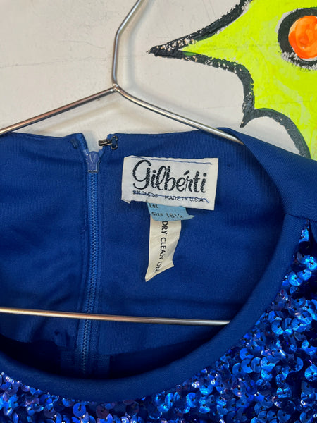 Vintage 80s Blue Glitter Sequin Party Dress ' Old Money Glam ' Shoulder Pads XL