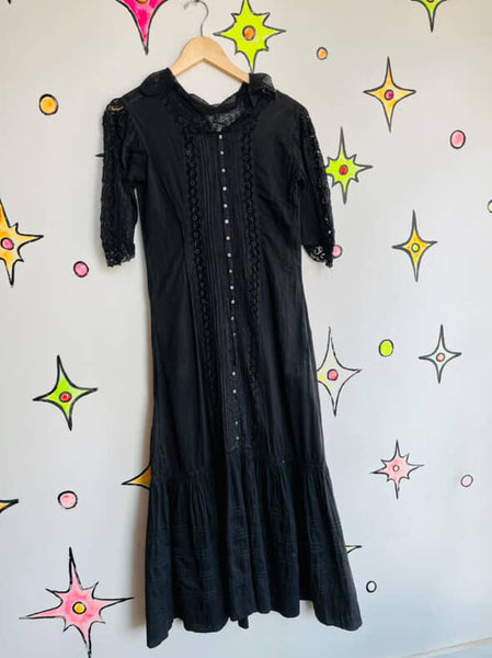 Antique Cotton Lingerie Dress - Late 1900s – Early 1910s Black Lace Goth