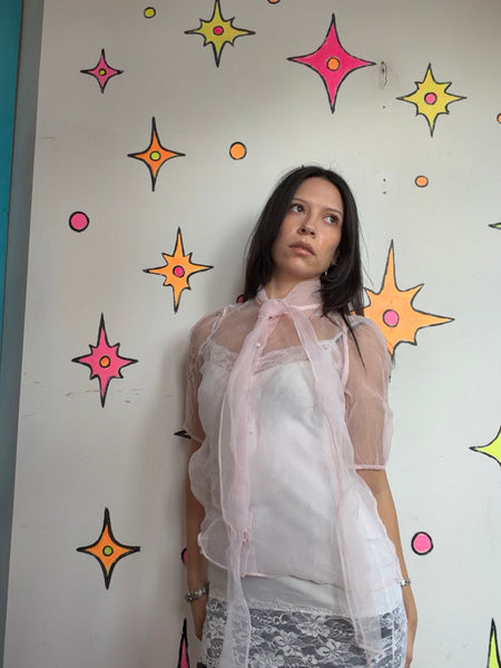 Pastel Pink Organza Sheer Bow Blouse Dollcore Victorian Balletcore Fairy Top M