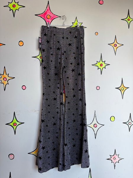 Silver Metallic Velvet Star Bellbottoms Disco Pants Glam Witchy Groovy S