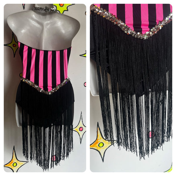 Vintage Dance Costume | Pink Fringe Showgirl Burlesque Circus Leotard Playsuit