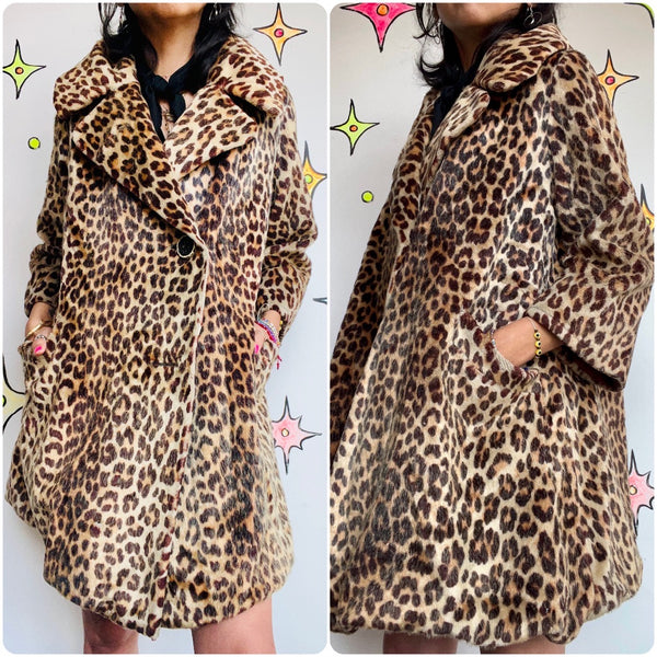Vintage | Leopard Print Vegan Fur Swing Coat Lined Pockets Hot Mob Wife | S M
