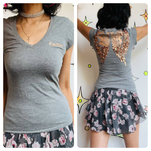 Y2K G by Guess Gray & Gold Angel Wings Baby Tee - Tattoo Print Fairy Grunge XS