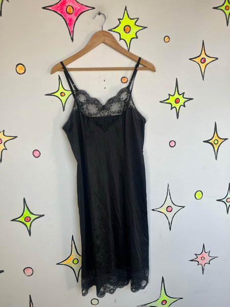 Vintage Nylon Black Lace Trim Slip Dress Boudoir Goth Fairy Grunge 36 - Large