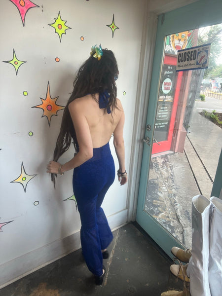 Blue Metallic Glitter Disco Halter Jumpsuit Glam Bellbottom Groovy Retro S