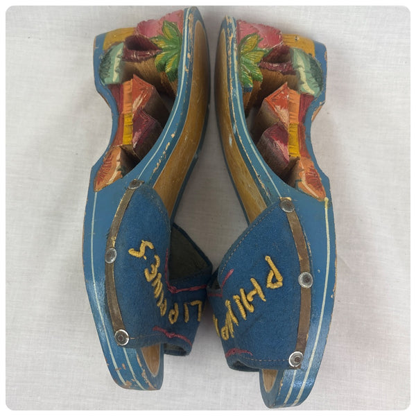 Vintage 1940s Hand Carved Painted Wooden Platform Heels Philippines Folk Art - 6