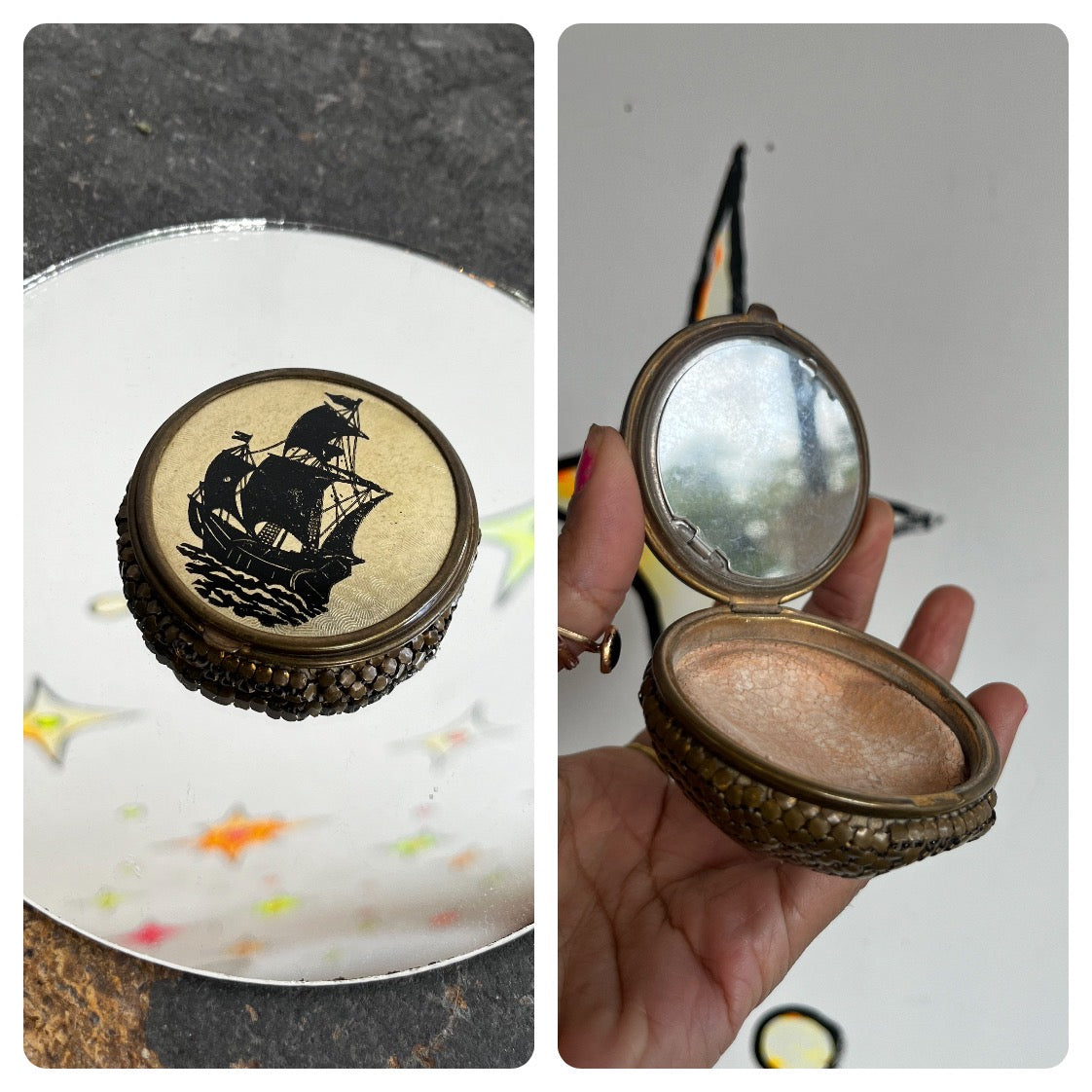 Vintage 1920s Art Deco Ship Design Mesh Powder Compact