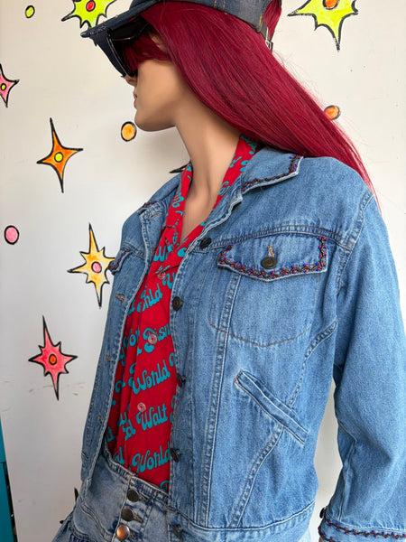 90s Embellished Beaded Denim Jean Jacket Fairy Grunge Whimsy Western S/M