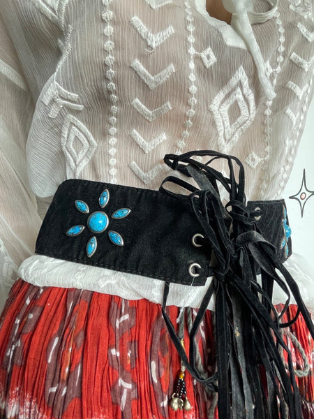 Black Fringe Western Goth Faux-Turquoise Vegan Suede Wrap Belt S/M