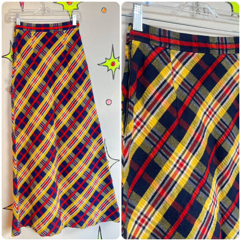 Vintage 60s/70s Plaid Groovy Maxi Skirt MOD Boho Grunge - XS - Clowncore