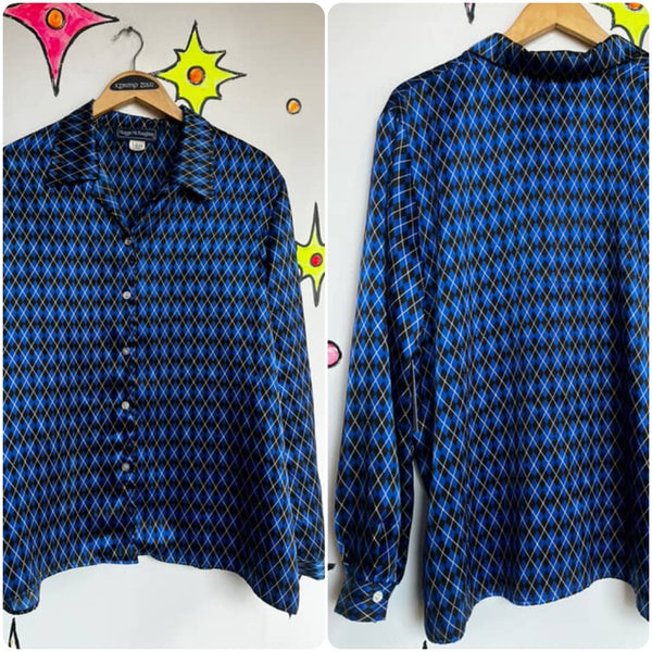90s Y2K Harlequin Clowncore Blue & Black Long Sleeve Blouse – Size L (16W)