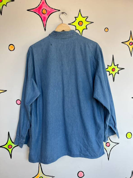90s GITANO Denim and Plaid Flannel Long Sleeve Zip-Up Shirt | Grunge Boho | L