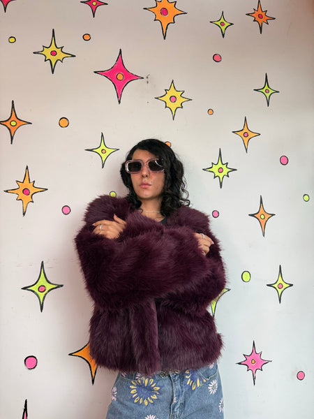 Y2K Purple Faux Fur Coat Plush Teddy Jacket Goth Glam McBling Cozy Grunge L XL