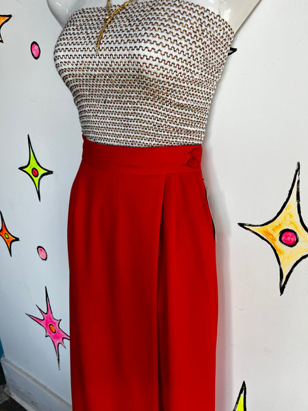 Vintage 1970s | Bright Red Groovy Disco Maxi Long Faux Wrap Skirt | XS S