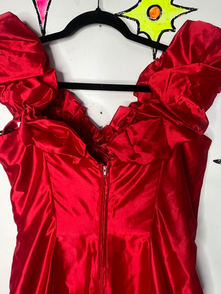 Vintage 80s Shiny Red Poofy Party Dress Prom Wild Glam New Wave Formal M