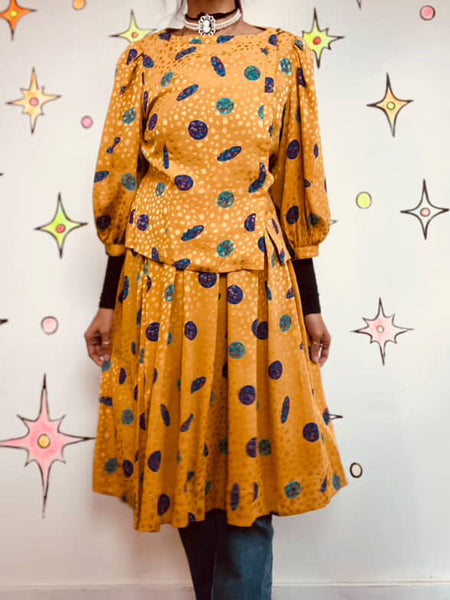 Vintage 80s Rainbow Silk Wearable Art Goddess Secretary Dress Set – Small