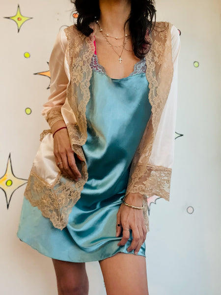 Vintage 70s Pink Lace Robe – Lingerie Nighty Boudoir Bed Jacket Babydoll S