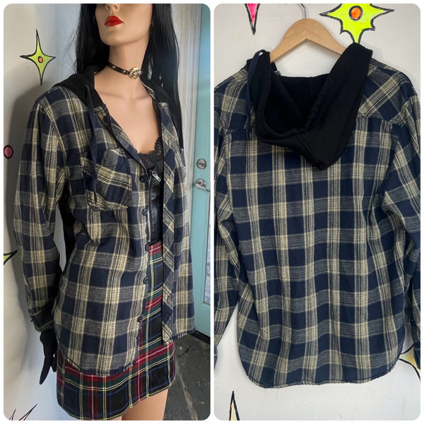 Vintage 90s Navy Blue Plaid Hooded Flannel Shirt Grunge Fairy Academia Size L