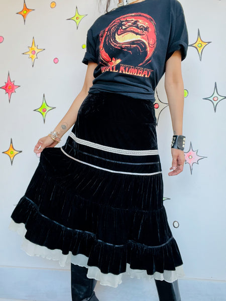 Vintage Y2K Black Velvet with Lace Tiered Midi Skirt - Fairy Grunge Whimsy Goth - Size S