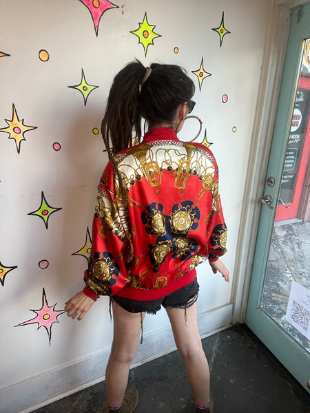 Vintage 80s Red Baroque Bomber Jacket Regal Scarf Print Statement Coat XL+