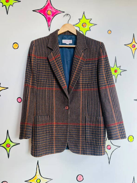 Vintage 80s Brown Houndstooth Blazer Jones New York Wool Look Classic Jacket - 6