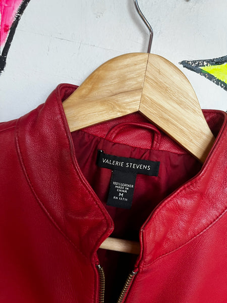 Y2K Cherry Red Leather Jacket - Indie Sleaze Glam Rock Moto Style - Size M