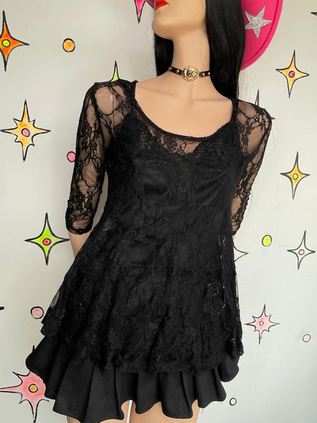Y2K Black Lace Sheer Top | Whimsy Goth Y2K Babydoll Fairy Grunge Romantic S/M